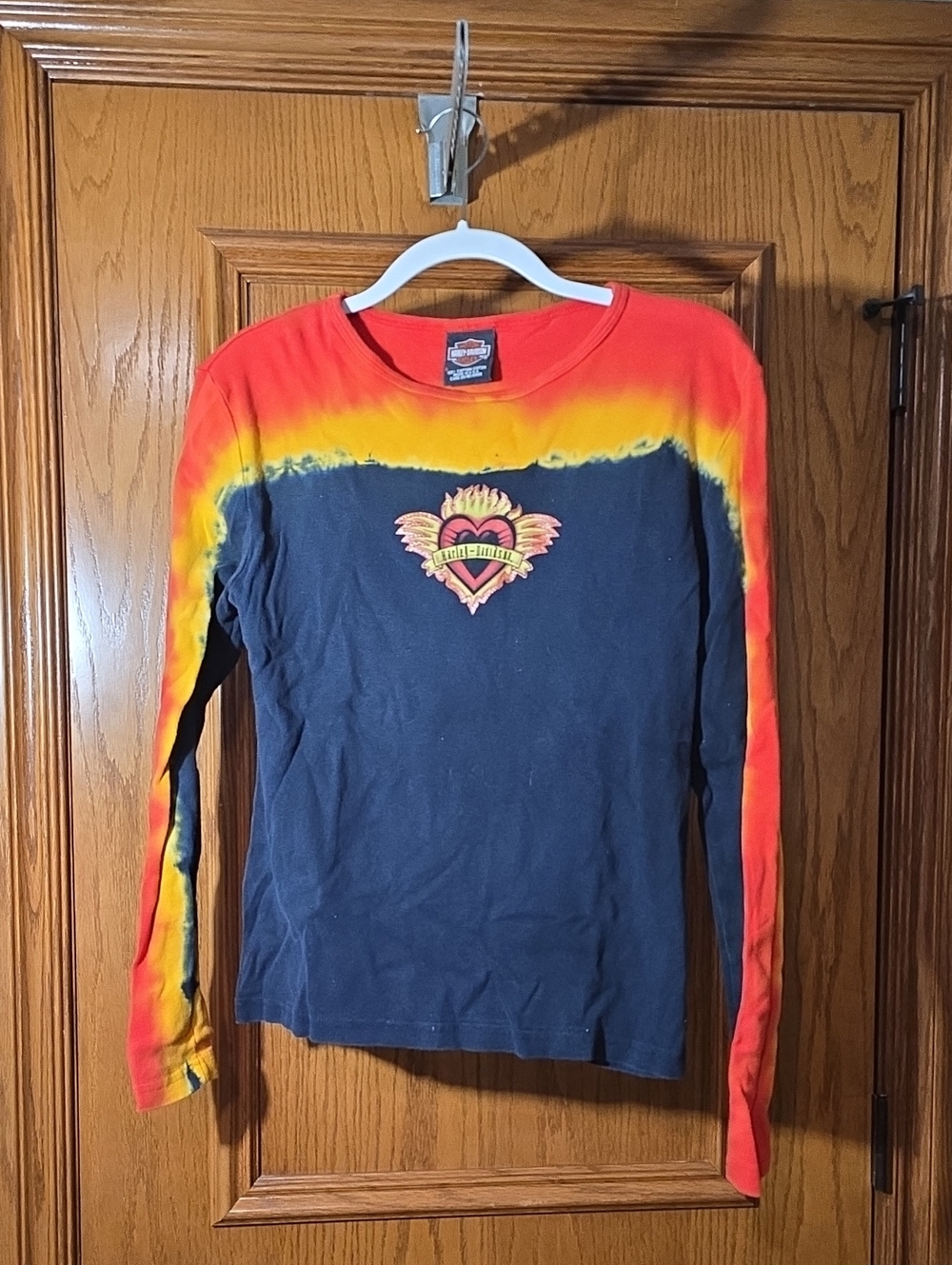 Harley-Davidson Black & Orange Long Sleeve Tee with Red & Yellow Tie-Dye Accents